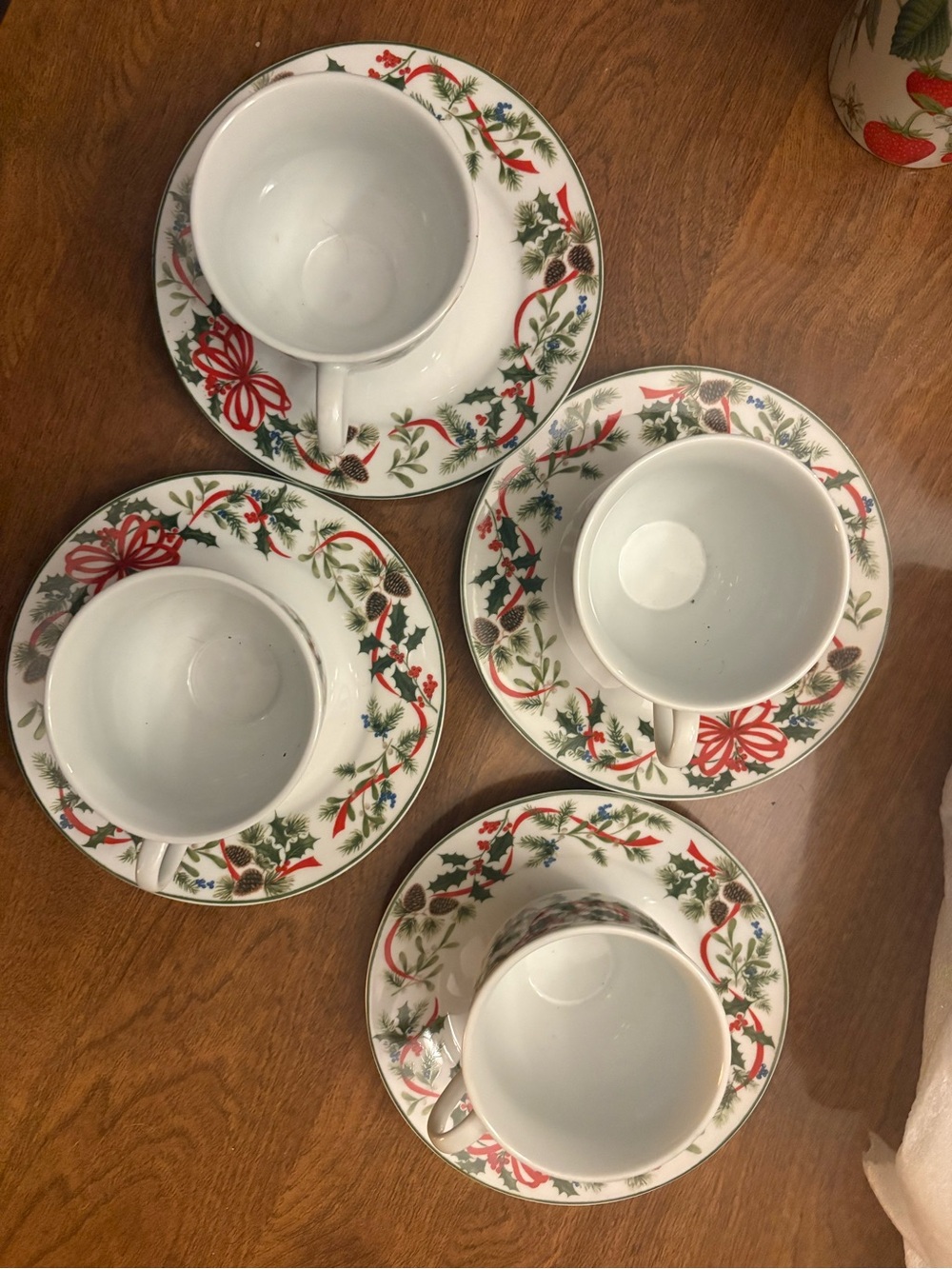 Holiday Holly Pattern White Porcelain Tea Cup and Saucer Set - 4pc